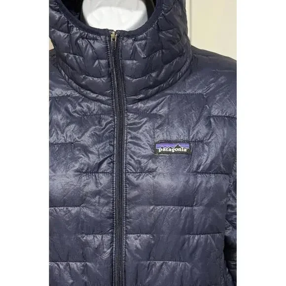 Women's Medium Patagonia Micro Puff Hooded Full Zip Insulated Navy Blue Jacket! - Picture 2 of 4